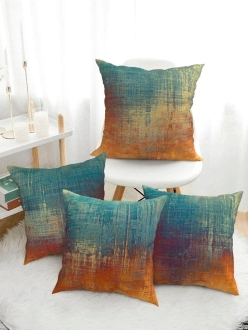 Set of 4 Abstract Boho Blue Orange Soft Velvet Pillow Covers 18 Inch Square Zip